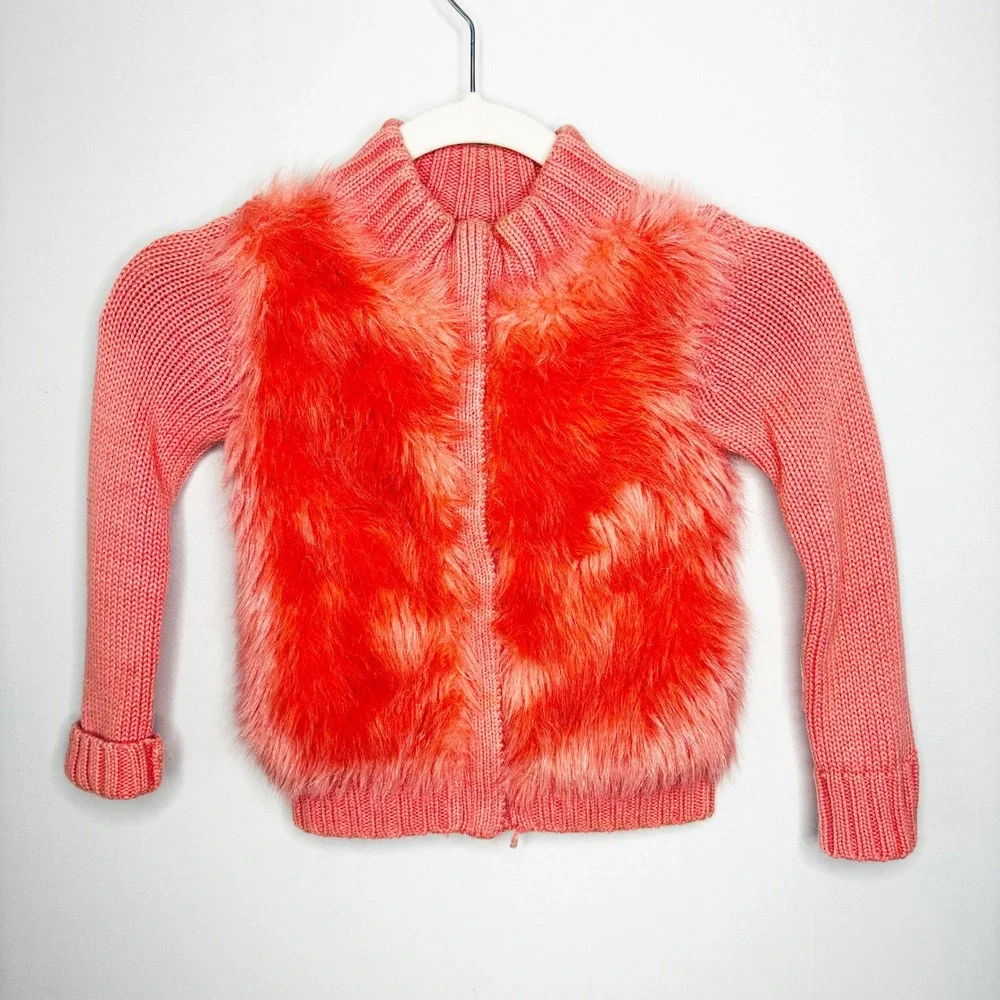 GapKids Girls Coral Pink Faux Fur‎ Zip Up Sweater Jacket Size XS 4/5